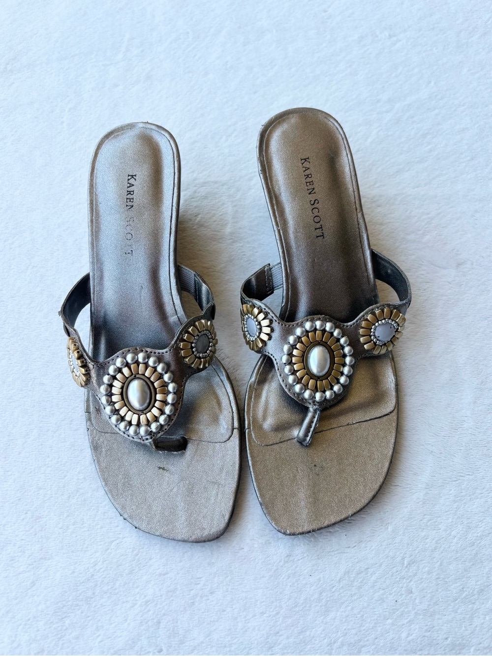 Karen Scott Bronze Metallic Beaded Thong Sandals